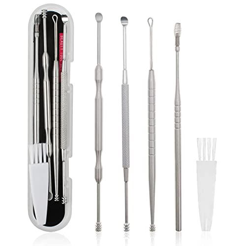 MJIYA Ear Pick Earwax Removal Kit, Ear Cleansing Tool Set, Ear Curette Ear Wax Remover Tool with a Storage Box (Silver, 5 Pcs)