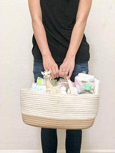 Mila Millie Baby Large Cotton Rope Diaper Caddy | Organizer Storage Bin for Nursery Essentials | Portable Bag for Changing Table and Car | 100% Natural Cotton | Eco Friendly (White & Biege)