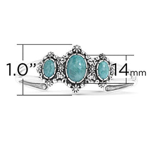 American West Sterling Silver Green Turquoise Gemstone 3-Stone Floral Filigree Cuff Bracelet Size Small