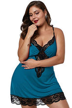 Load image into Gallery viewer, lime flare Women Sexy Plus Size Lace Trim Chemise Nightgown Silk Satin Sleep Nighty Lingerie Sleepwear Set (2X-Large(US 18-20),Bluish Green with satin bow detail)
