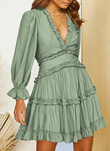 Load image into Gallery viewer, Dokotoo Womens Cute Fall Summer Casual Sexy Deep V Neck Ruffle Chiffon Lantern Long Sleeve Elegant Boho Hawaiian Flowy Mini Short Skirt Dresses for Women Party 2022 Green X-Small

