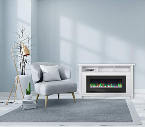 CAMBRIDGE San Jose 58 in. Freestanding Electric Heater TV Stand 50 in. Multi-Color Insert and LED Crystal Rock Display, CAM5735-1WHT Fireplace, White/Black