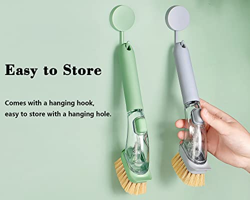 Load image into Gallery viewer, DAPOWER Soap Dispensing Dish Brush with Handle, Kitchen Washing Scrubber for Dishes Pots Pans Sink Cleaning, Natural Sisal Bristles, PET Bristles, Sponge Brush, 4 Replaceable Brush Heads (Grey)