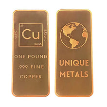 Load image into Gallery viewer, 1 Pound .999 Pure Copper Bar Bullion with Element Design - Unique Metals
