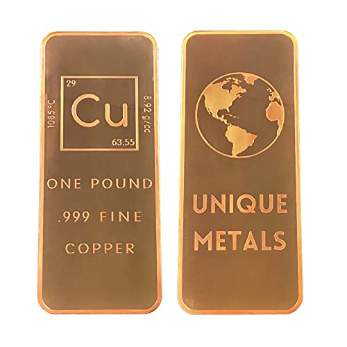 1 Pound .999 Pure Copper Bar Bullion with Element Design - Unique Metals