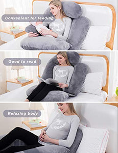 AS AWESLING 60in Full Body Pillow | Maternity Pillow and Pregnancy Pillows for Sleeping | Extra Large U Shaped Pillow with Detachable Side, Separate Support Pillow and Removable Cover (Grey)