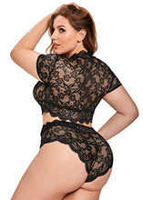 Load image into Gallery viewer, Plus Size 2 Piece Lingerie Set for Women Sexy Deep V Allover Lace Bra and Panty High Waist Nightwear Clubwear (T005,Black,2XL)
