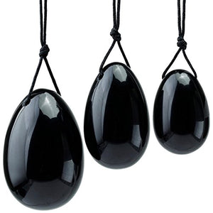 rockcloud Black Obsidian Set of 3 Drilled Yoni Eggs with String, Massage Stones for Women to Train Pelvic Muscles Kegel Exercise