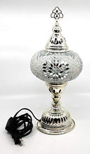 Load image into Gallery viewer, Handcrafted Turkish Mosaic Glass Table Lamp with Metal Base and Finial (All-Over Silver)
