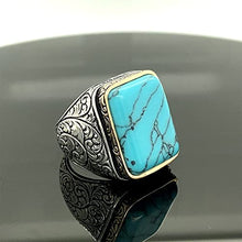 Load image into Gallery viewer, Sterling Silver Ring, Turquoise Stone, Men Rings, Natural Stone, Handcrafted Ottoman Men Ring, Turkish handmade
