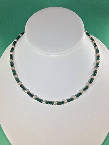 925 Sterling Silver top Quality 4-5mm Stracking Green & White Pearl and Emerald Necklace Round & Rondelle, Faceted & Smooth 16