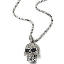 Load image into Gallery viewer, COOLSTEELANDBEYOND Steel Large Sugar Skull Pendant Necklace for Men Women with Cubic Zirconia and 30 inches Wheat Chain
