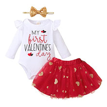 Load image into Gallery viewer, My First Valentine&#39;s Day Newborn Baby Girl Outfit Long Sleeve Romper + Valentine&#39;s Tutu Skirt + Headband 3PCS Clothing Set (White, 6-12 Months)
