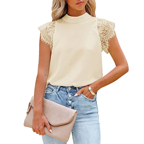 Cutiefox Women's Elegant Lace Stitching Cap Sleeves Tops Loose Fit Sleeveless Chiffon Blouses