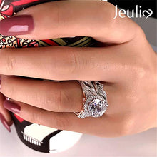 Load image into Gallery viewer, Jeulia 4 Carat Leaf Rings for Women 925 Sterling Silver 18 K Rose Gold Plated Round Cut Engagement Ring Set White Diamond Halo Cubic Zirconia Wedding band CZ Solitaire Anniversary Promise Rings (7)
