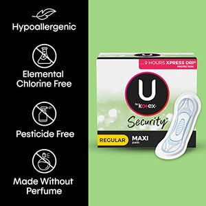 U by Kotex Security Maxi Feminine Pads, Regular Absorbency, Unscented, 48 Count (Pack of 4)