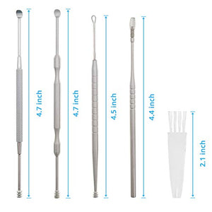 MJIYA Ear Pick Earwax Removal Kit, Ear Cleansing Tool Set, Ear Curette Ear Wax Remover Tool with a Storage Box (Silver, 5 Pcs)