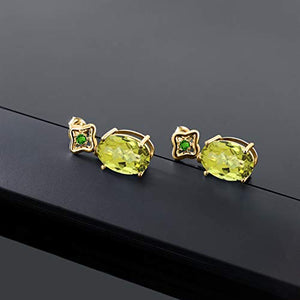Gem Stone King 11.64 Ct Oval Checkerboard Yellow Lemon Quartz Green Simulated Tsavorite 18K Yellow Gold Plated Silver Earrings