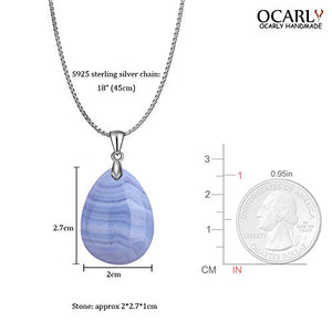 OCARLY 925 Blue Lace Agate Teardrop Pendant Necklace Healing Waterdrop Stone Crystal Chakra Protection Rock