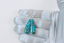 Load image into Gallery viewer, Sterling Silver Blue Turquoise Earrings Long Coppery Mosaic Veining Dangle Narrow Teardrops Smooth Drops
