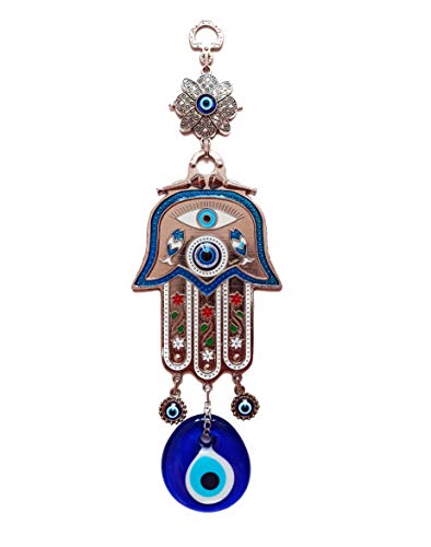 Erbulus Turkish Blue Hamsa Hand of Mother Fatima Evil Eye Wall Hanging Ornament - Turkish Nazar Bead Amulet – Good Luck Charm Gift -Metal Home Protection Decor in a Box