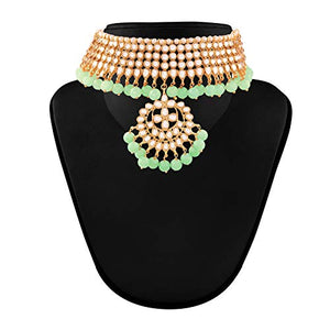 I Jewels Traditional Kundan & Mint Pearl Choker Necklace Set for Women (K7058Min)