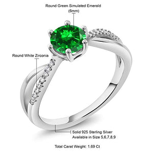 Gem Stone King 925 Sterling Silver Green Simulated Emerald Women's Engagement Ring (1.69 Ct Round Cut) (Size 8)