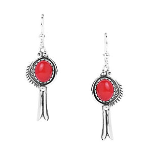 American West Sterling Silver Red Coral Gemstone Leaf and Squash Blossom Dangle Earrings