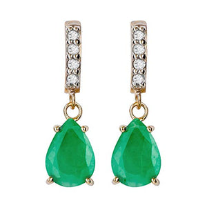 10k Yellow Gold Genuine Pear-Shape Emerald and Diamond Drop Dangle Earrings