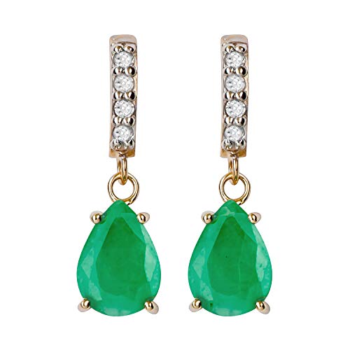10k Yellow Gold Genuine Pear-Shape Emerald and Diamond Drop Dangle Earrings