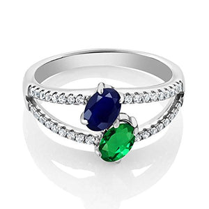 Gem Stone King 925 Sterling Silver Blue Sapphire and Green Simulated Emerald 2-Stone Women's Ring 1.36 Ctw (Size 7)