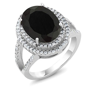 GemStoneKing 6.44 Carat 14X10MM Oval Natural Genuine Black Onyx Women's Ring Solid 925 Sterling Silver Cocktail Ring , Black and White , (SIZE 7)