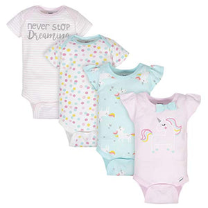 GERBER Baby Girls 4-Pack Short Sleeve Onesies Bodysuits, Pink Unicorns, 0-3 Months