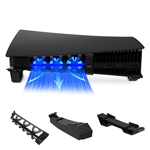 NexiGo PS5 Horizontal Stand with Cooling Fan, [Auto On/Off], [Minimalist Design], Compatible with Playstation 5 Disc & Digital Editions, Built-in LED Light, Extra USB Port, Black