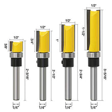 Load image into Gallery viewer, 4Pcs Pattern Flush Trim Router Bit Set 1/4 inch Shank Template Router Bits 1/2 inch Cutting Dia Woodworking Router Tool by CHoiKWong (1/2 inch Cutting Diameter, yellow)
