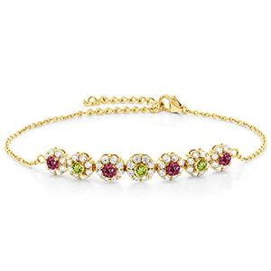 Gem Stone King 1.22 Ct Pink Tourmaline Green Peridot 18K Yellow Gold Plated Silver 7 Inch Tennis Bracelet with 2 Inch Extender