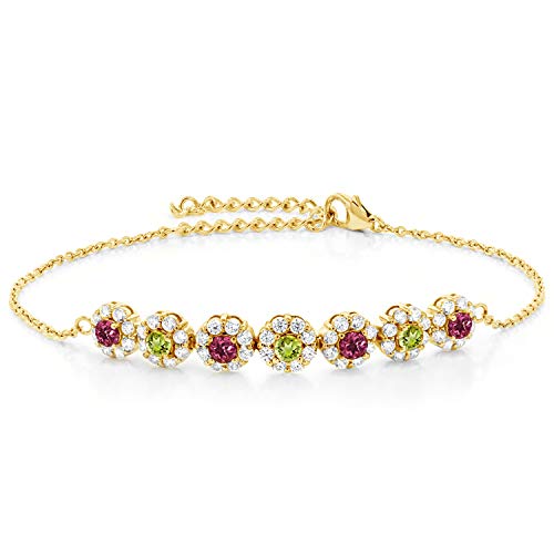 Gem Stone King 1.22 Ct Pink Tourmaline Green Peridot 18K Yellow Gold Plated Silver 7 Inch Tennis Bracelet with 2 Inch Extender