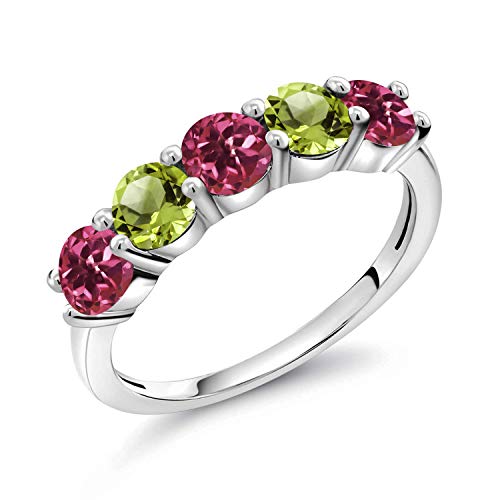 Gem Stone King 0.86 Ct Round Pink Tourmaline Green Peridot 925 Sterling Silver Ring (Size 6)