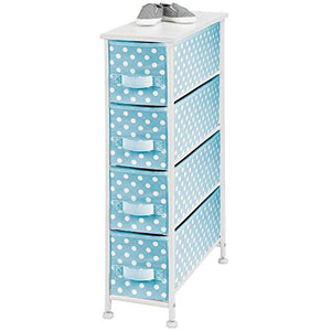 mDesign Narrow Vertical Dresser Drawers - Sturdy Steel Frame, Wood Top, 4 Easy Pull Fabric Bins - Organizer Unit for Child/Kids Room or Nursery - Polka Dot Pattern - Turquoise Blue with White Dots