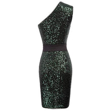 Load image into Gallery viewer, LIUMILAC Women Sequins Sleeveless Mini Party Club Dress Sparkle Shining Oneshoulder Skirt Blackish Green
