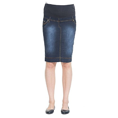 Mothers Essentials Maternity Pregnant Denim Skirt with Pregnancy Jersey Panel (Dark Blue, Large)