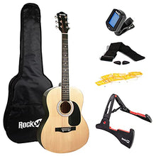 Load image into Gallery viewer, RockJam Acoustic Guitar Superkit Includes Stand, Gig Bag, Tuner, Picks, Plectrum Holder, Spare Strings &amp; Online Lessons 6 String Pack, Right, Natural, Full (RJW-101-N-PK)
