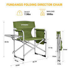 Load image into Gallery viewer, FUNDANGO Portable Lightweight Folding Camping Director Chair with Side Table Oversized Camp Chair Aluminum Fold Up Chair Heavy Duty Holds up to 300lbs, Green, 19" D x 25.2" W x 34.5" H
