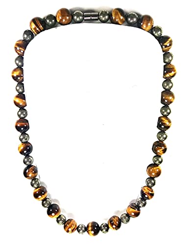 Auras By Osiris Tigers Eye Necklace for Men - Pyrite Necklace - Huge Beaded Necklace - African Neckless for Men - Protection Stones - Crystal Necklace - Easy Lock Clasp