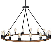 Load image into Gallery viewer, Kira Home Jericho 48" 16-Light Large Rustic Farmhouse Wagon Wheel Chandelier, Round Kitchen Island Light, Textured Black Accents + Warm Oak Wood Style Finish
