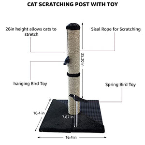 Max & Marlow Cat Scratch Post 26" | Tall Cat Scratcher Post with Sisal Rope | Features Hanging & Spring Toy | Great for All Indoor Cat Breeds & Sizes