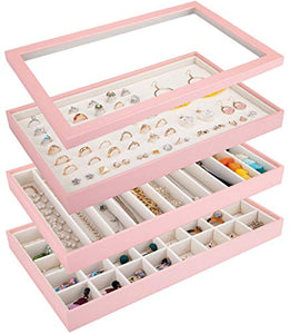 Mebbay Stackable Jewelry Trays Organizer with Lid, Jewelry Storage Display Trays for Drawer, Earring Necklace Bracelet Ring Organizer, Set of 3 (Pink)