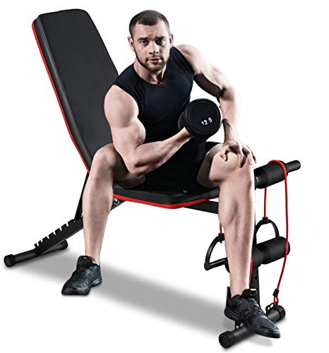 Weight Bench Adjustable Bench Press for Full Body Workout Foldable Incline/Decline Strength Training Fitness Benches with Resistance Bands for Home Gym Exercise