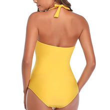 Load image into Gallery viewer, Smismivo Tummy Control Swimwear Halter One Piece Slimming Vintage Retro Swimsuit Womens Ruched Plus Size Push Up Bathing Suit Yellow
