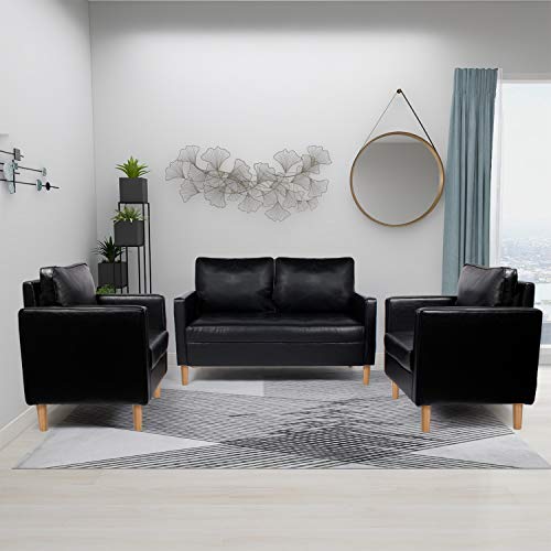 Load image into Gallery viewer, AILEEKISS Mid-Century Sectional Sofa Set Faux Leather Office 3 Pcs Couch Set with Armrest Modern Upholstered Loveseat Couches (1-Seater+1-Seater+2-Seater, Black)